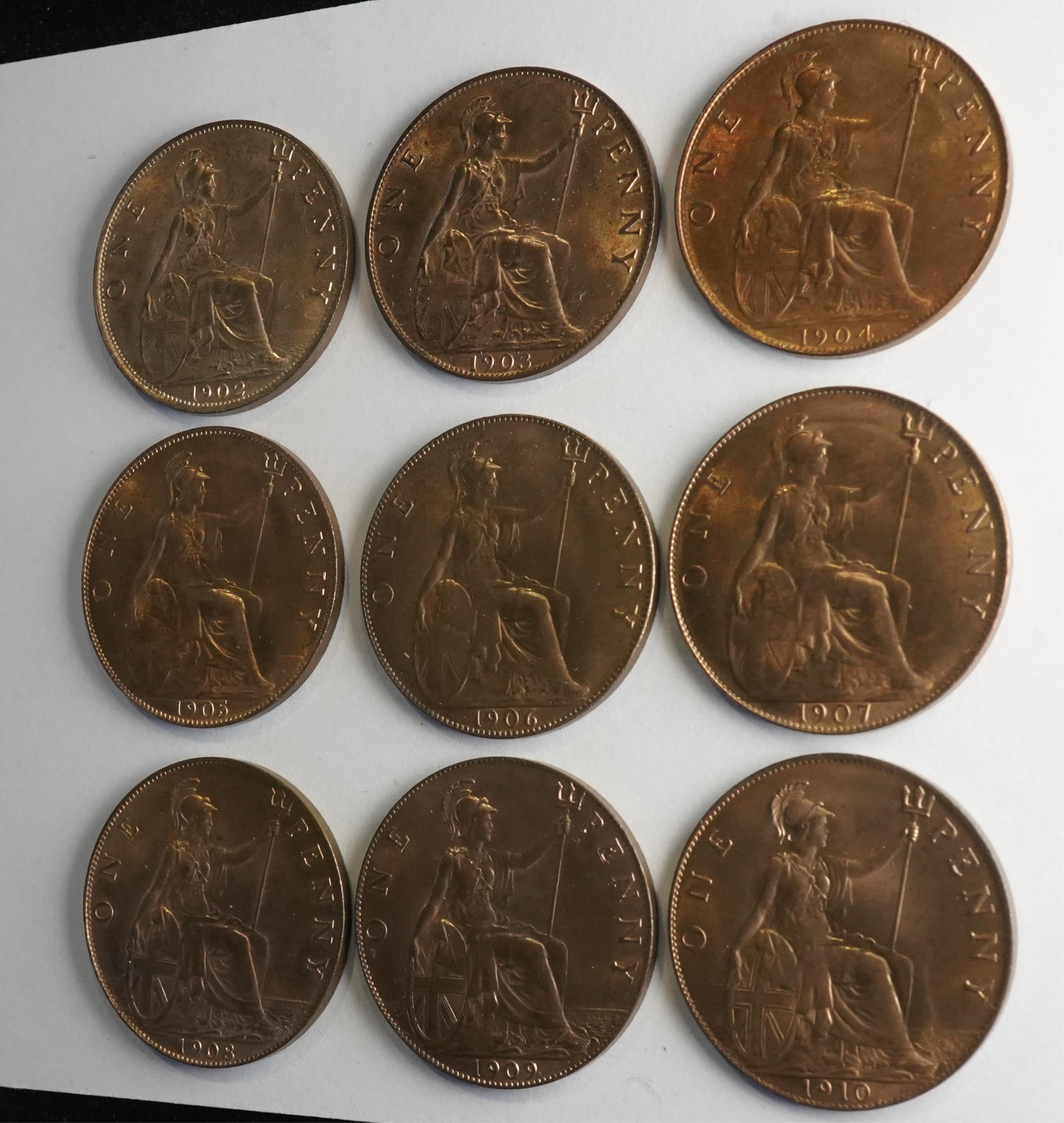British coins, Edward VII, a date set of nine bronze pennies, 1902-1910;, 1902, Fr. 157, Gouby dies A/b, virtually as struck, UNC, full lustre, 1903, Fr. 158, Gouby dies A/b, virtually as struck, UNC, full lustre, 1904,